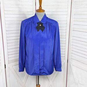 Vintage 80s Design Elements Pleated Removable Neck Bow Blouse Blue 10